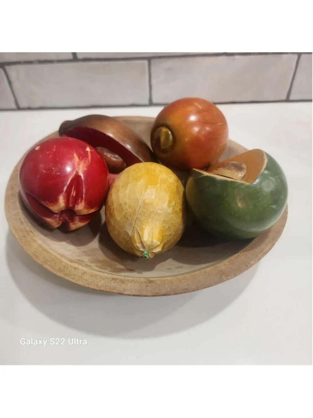 Munising Wood Bowl with Hand Carved Wooden Fruit Set Farmhouse Dec